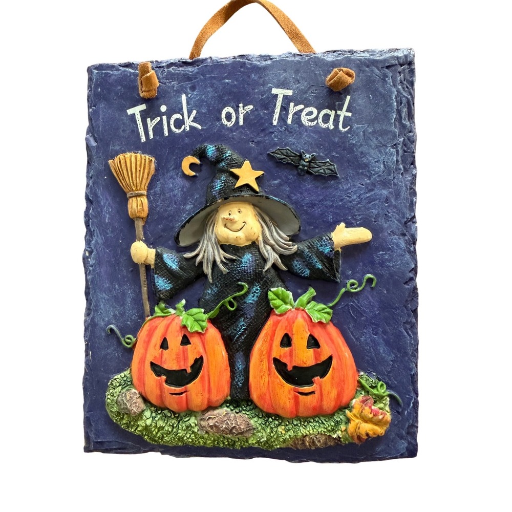 ⁠Vintage Halloween Slate Wall Decor Sign Witch Pumpkin Trick or Treat 3D Relief